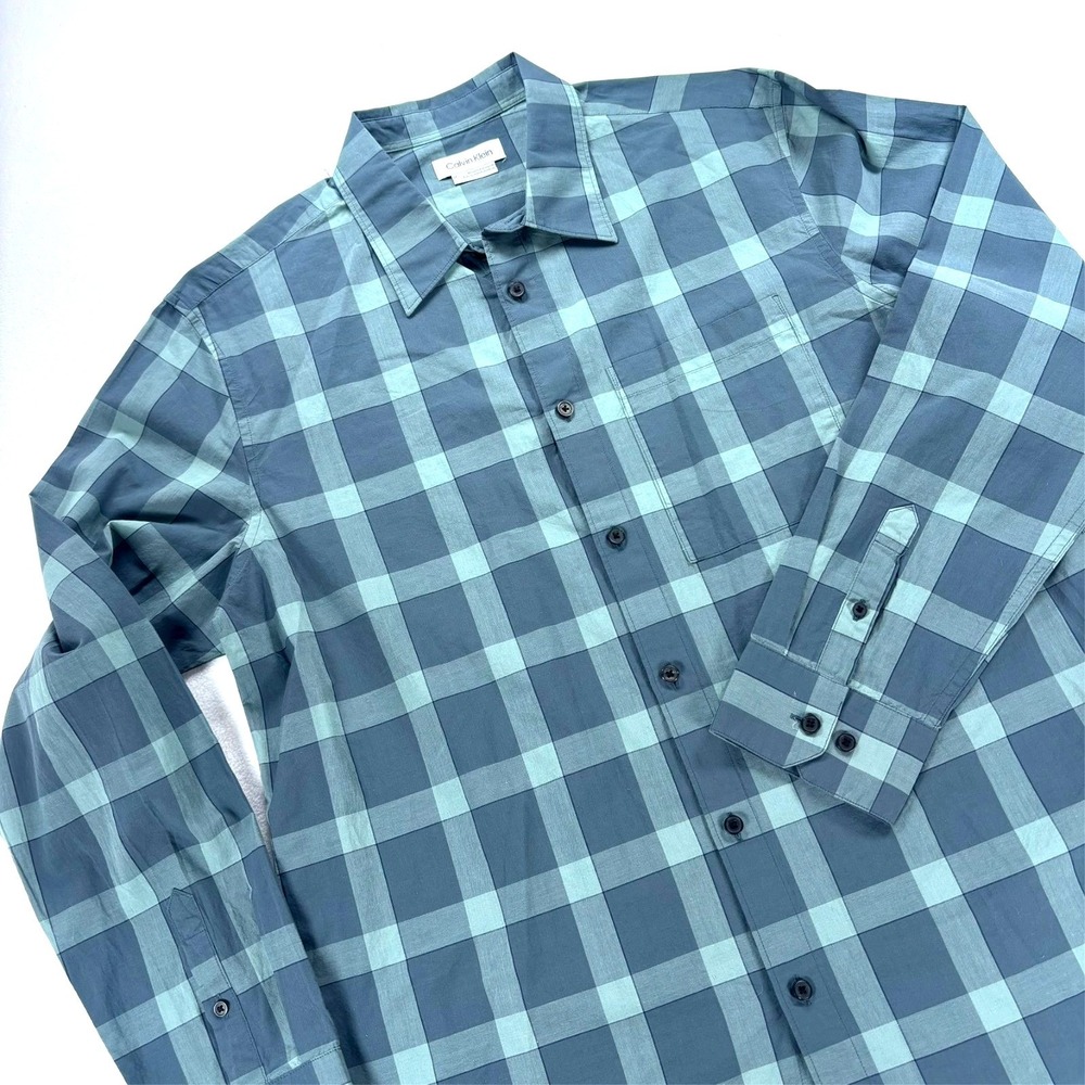 Calvin Klein Button Up Shirt Blue Plaid Casual Preppy Mens Medium